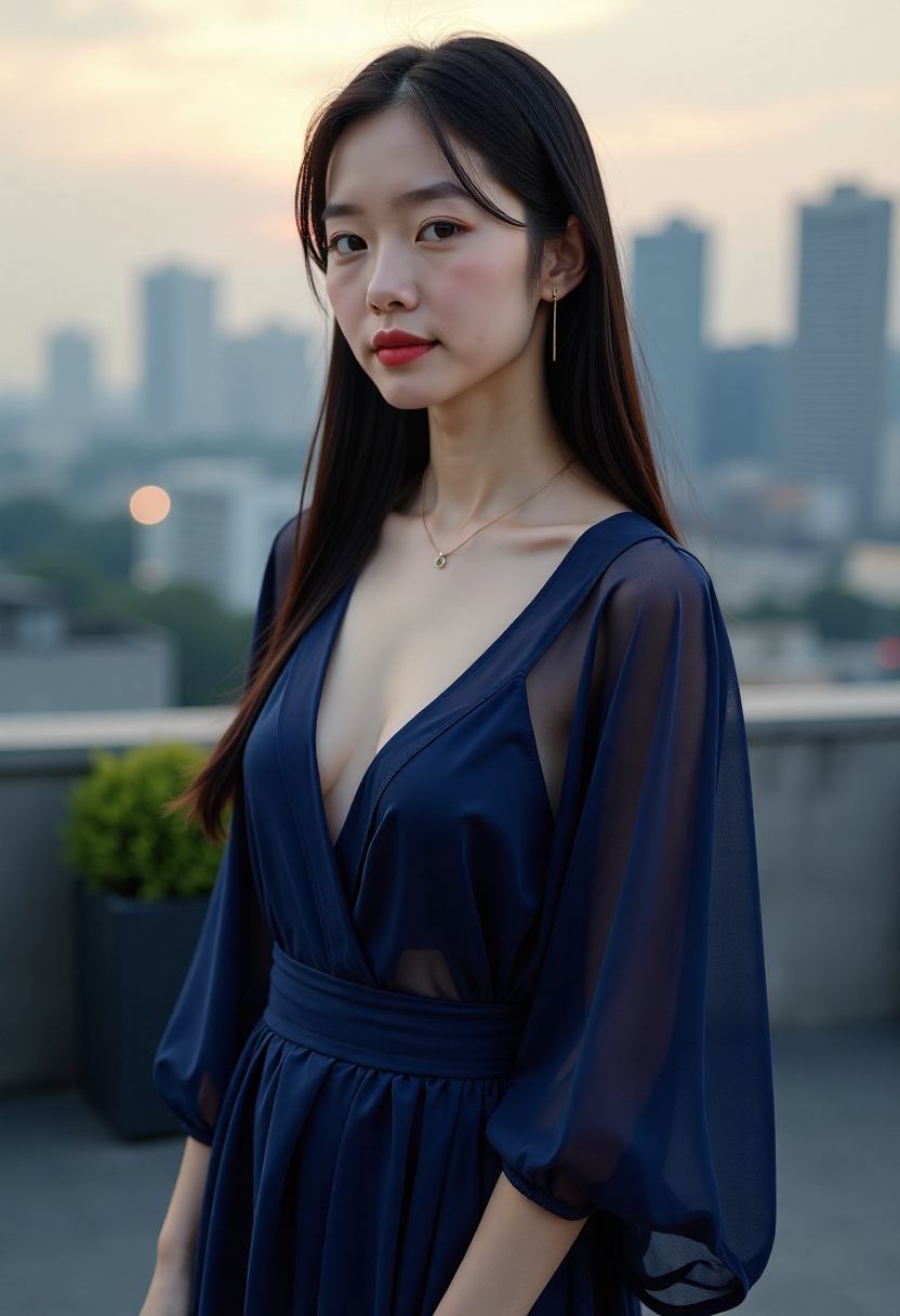 冬日窗边的年轻女性与城市街景